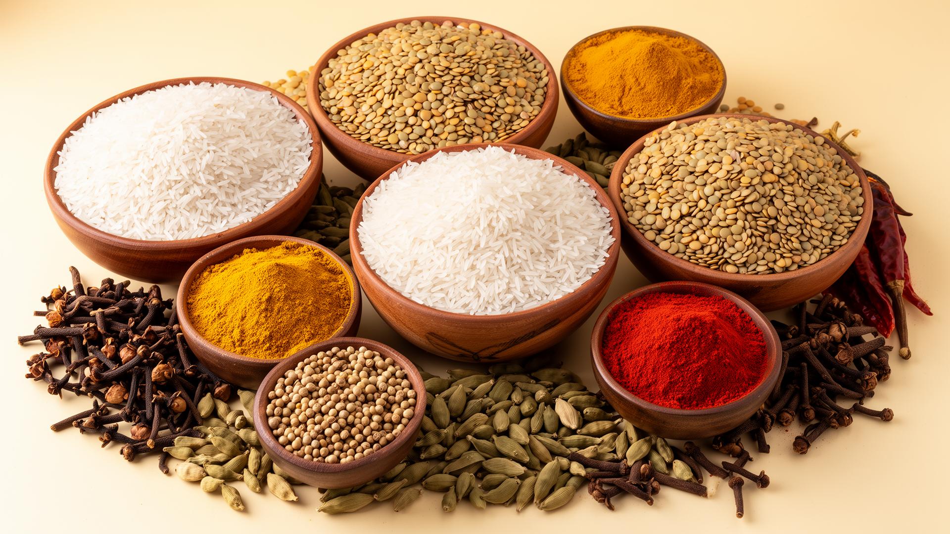 Assorted South Asian wholesale groceries — rice, lentils and spices
