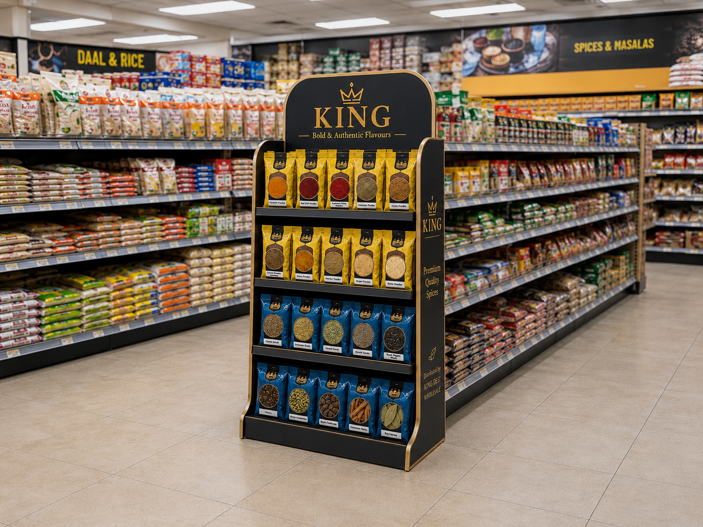 Compact KING shop display with yellow and blue KING product bags inside a minimarket